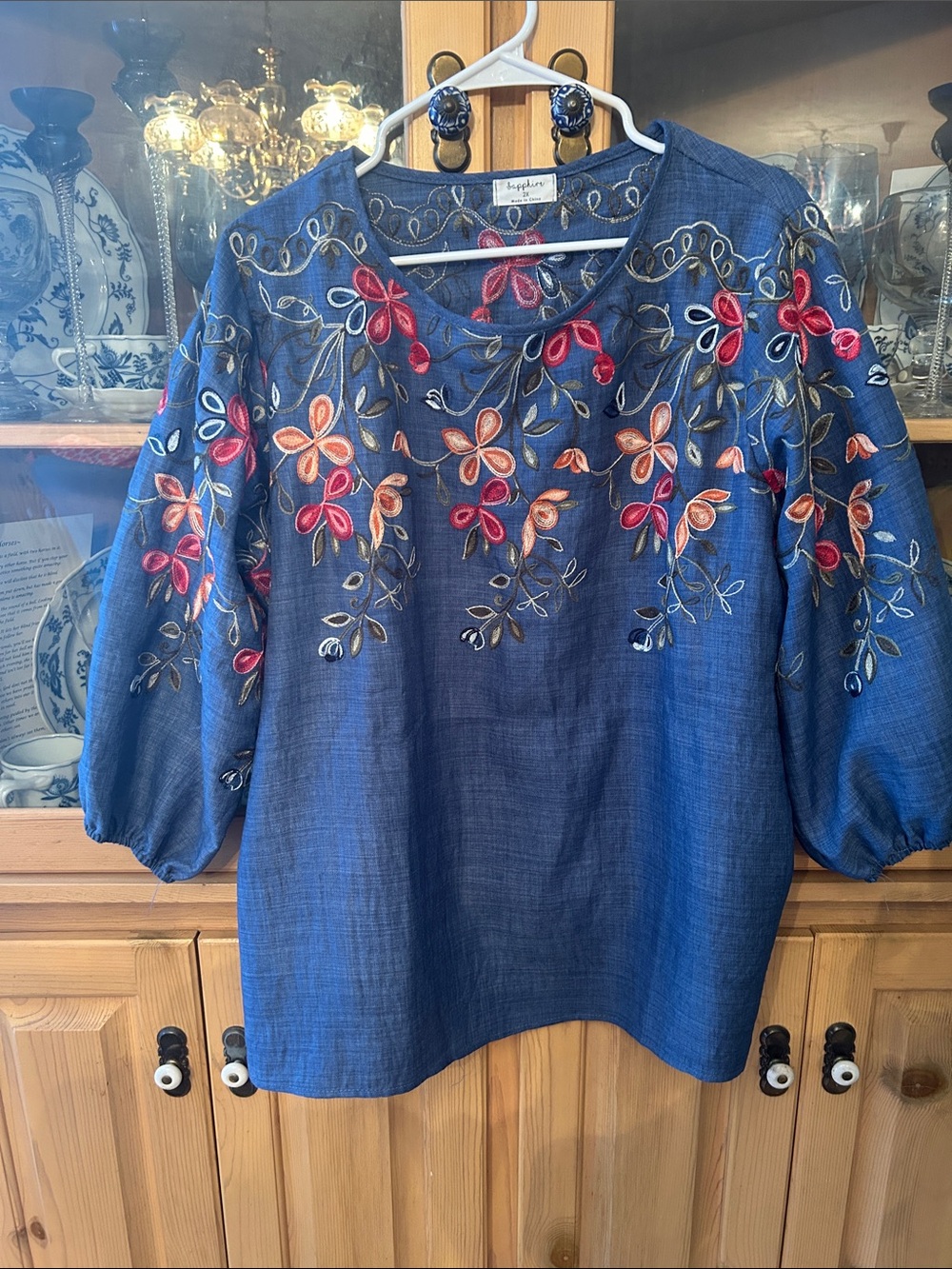 Sapphire Denim Blue Floral Embroidered Puff-Sleeve Blouse
